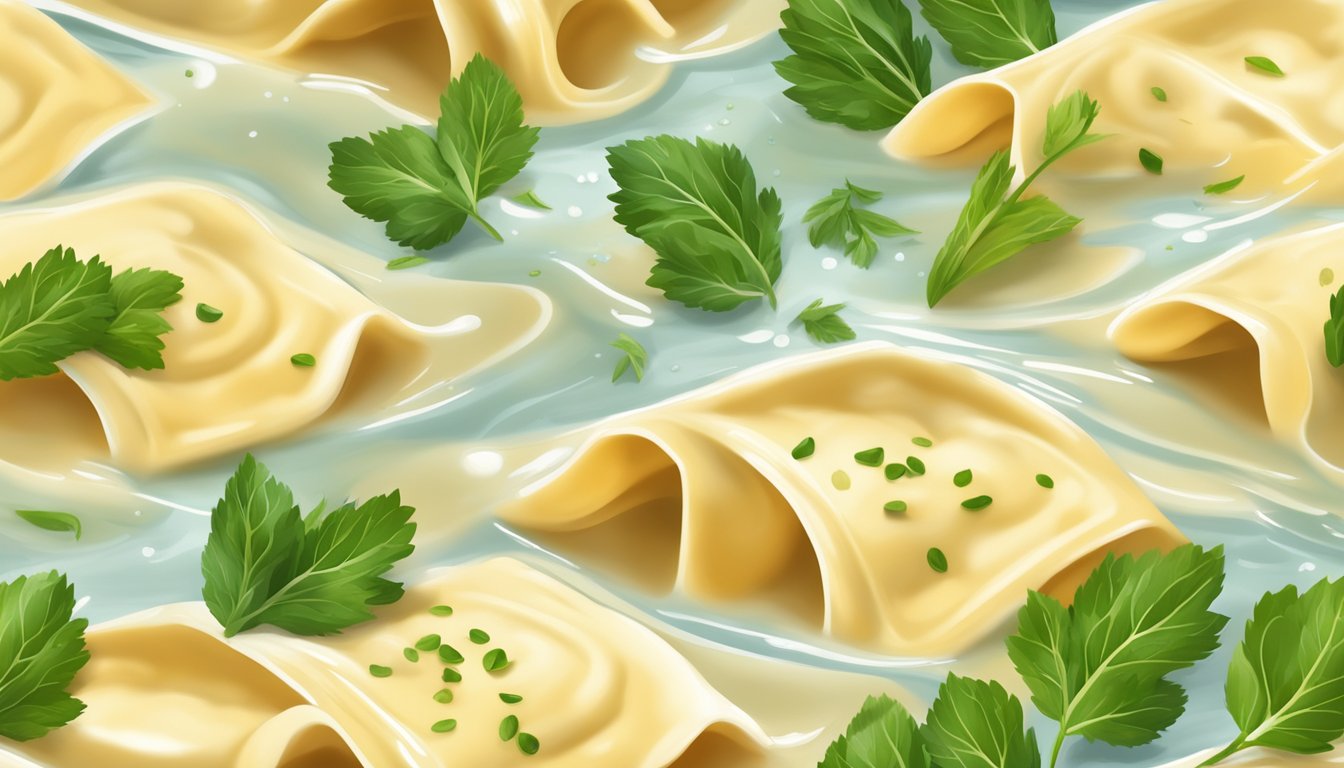 A single ravioli floating in a pool of rich, creamy sauce, garnished with fresh herbs and a sprinkle of parmesan cheese