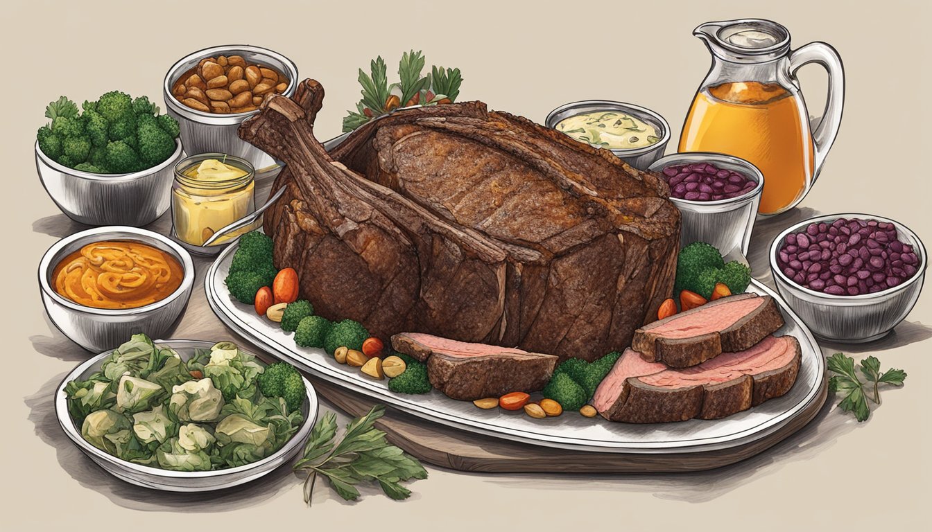 A rib roast surrounded by various accompaniments and sauces, ready to be enjoyed