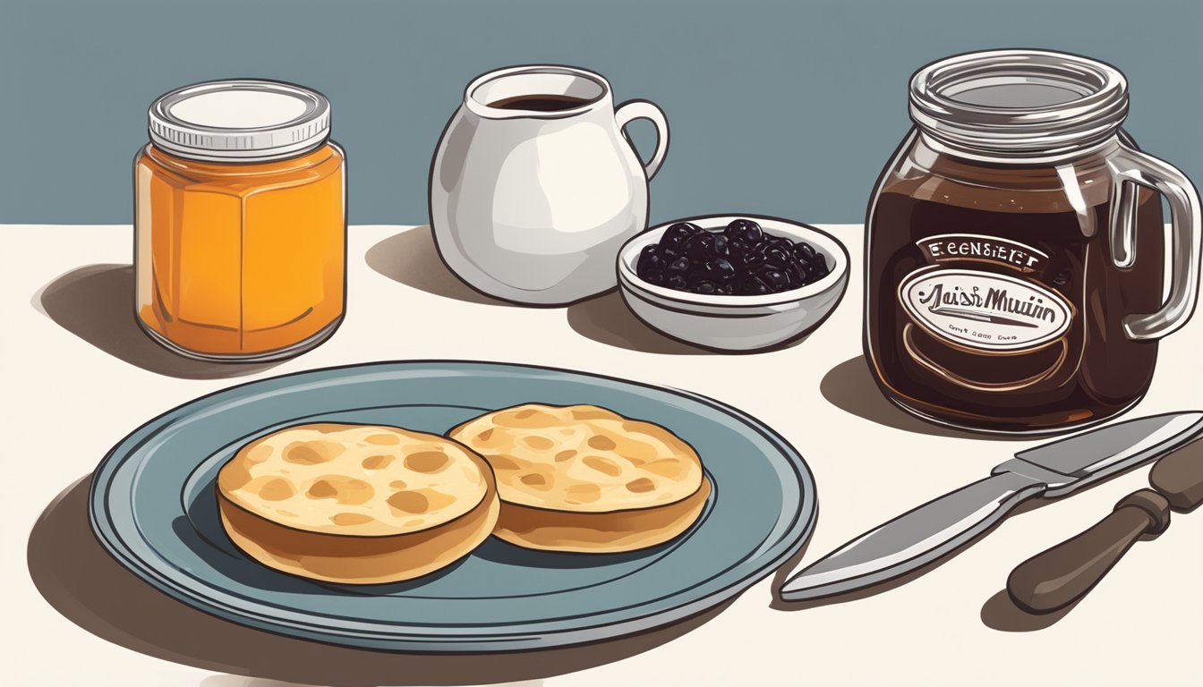 An English muffin sits on a plate next to a knife and a jar of jam. A cup of coffee and a glass of orange juice are placed nearby