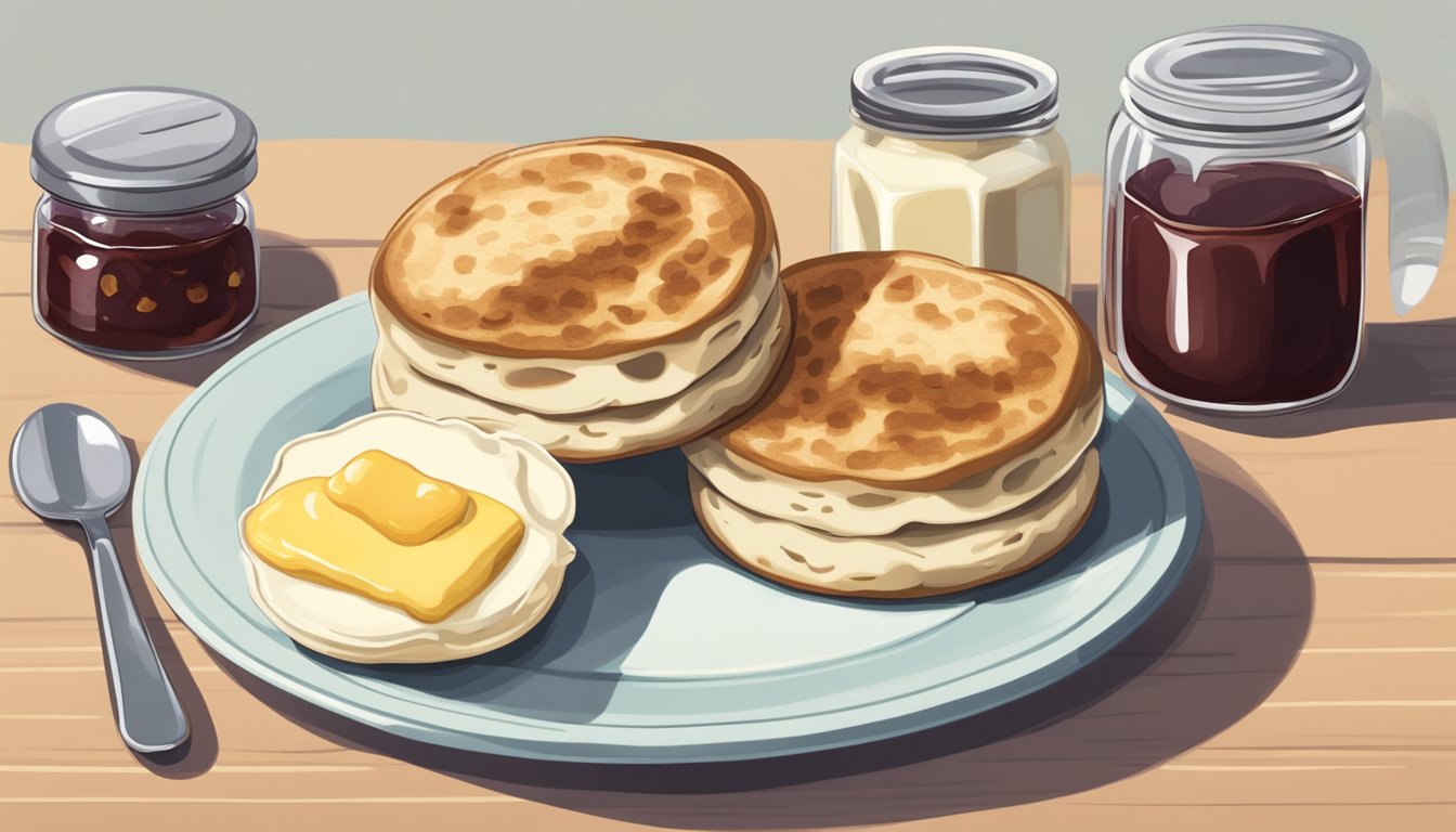 An English muffin sits on a plate, split in half and toasted. A small dish of butter and a jar of jam are nearby