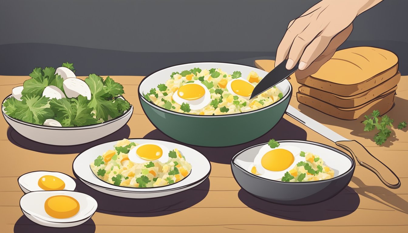 A knife spreading egg salad onto bread, with a bowl of mixed ingredients nearby