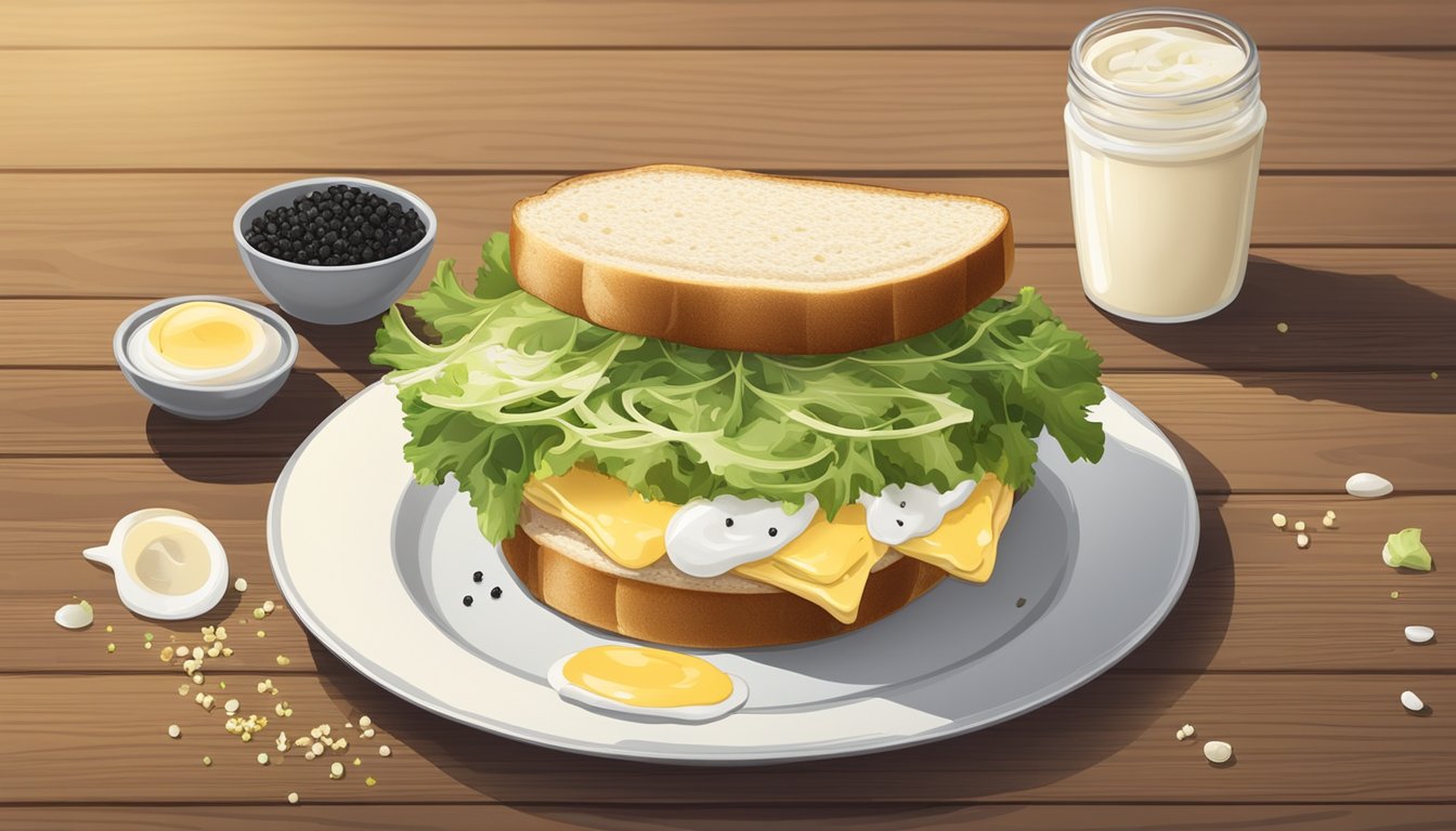 A plate with a sliced egg salad sandwich, a dollop of mayonnaise, and a sprinkle of black pepper on a wooden table