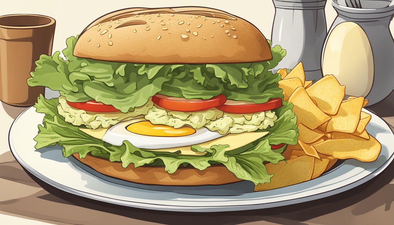 A plate with an egg salad sandwich cut in half, surrounded by lettuce and tomato slices. A side of potato chips and a pickle spear complete the meal