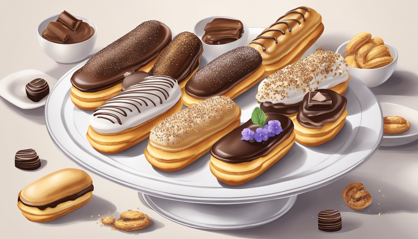 A display of assorted eclairs on a pristine white platter, surrounded by delicate pastry crumbs and drizzled with glossy chocolate