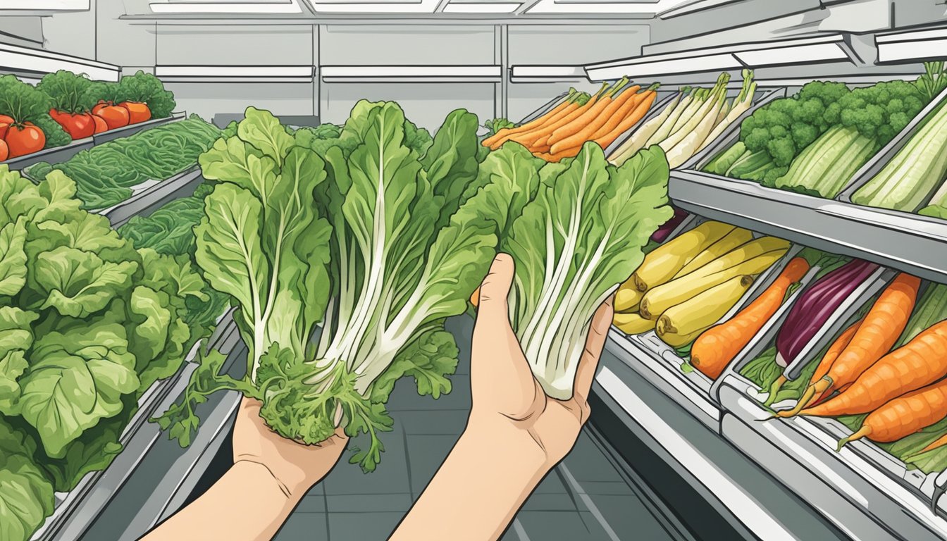 A hand reaching for a fresh endive in a grocery store produce section, with other leafy greens in the background