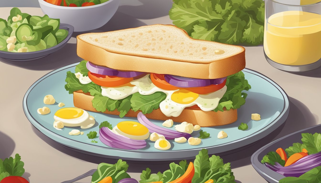 A freshly made egg salad sandwich sits on a plate, surrounded by a colorful array of fresh vegetables and a dollop of creamy dressing