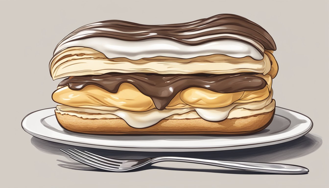 A whole eclair sliced in half, revealing layers of cream and pastry, with a fork piercing through the top, ready to be eaten