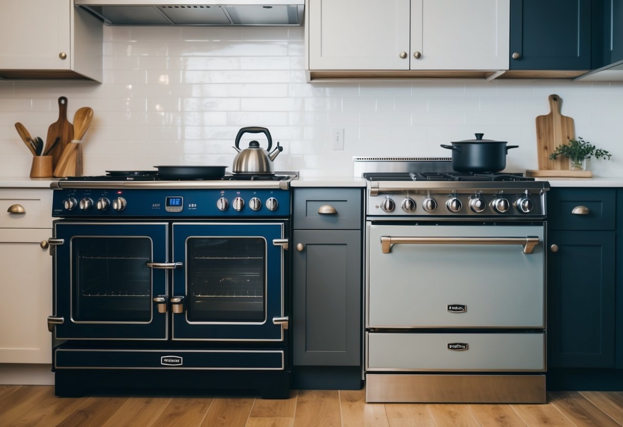 A modern kitchen with two stoves side by side, one traditional and the other the sleek and eco-friendly Stanley Superstar Eco Stove