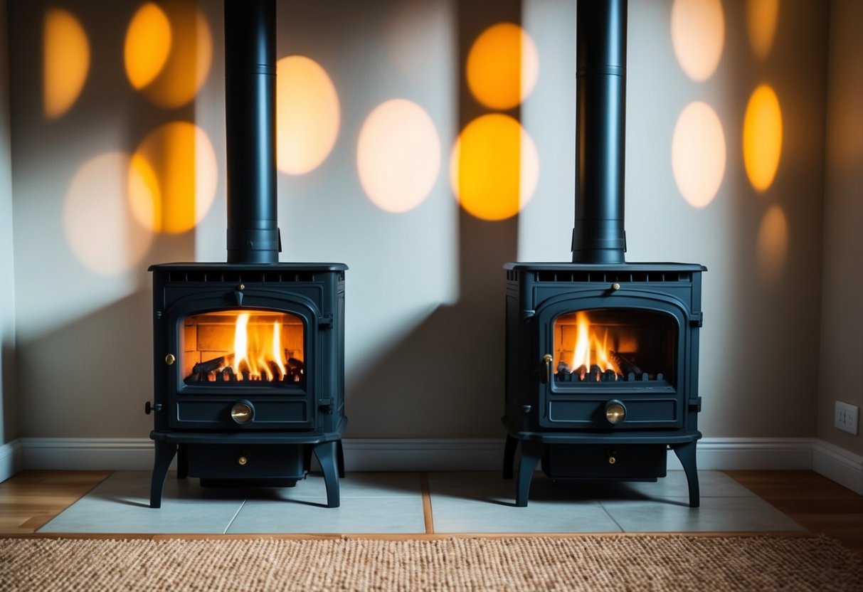 A cozy living room with two identical Stanley Stoves side by side, emitting a warm glow and casting flickering shadows on the walls