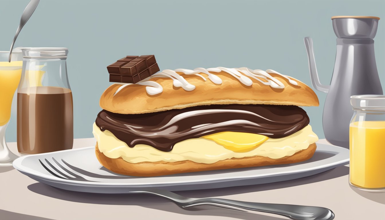 A table with ingredients: flour, eggs, butter, chocolate. An eclair being eaten with a fork