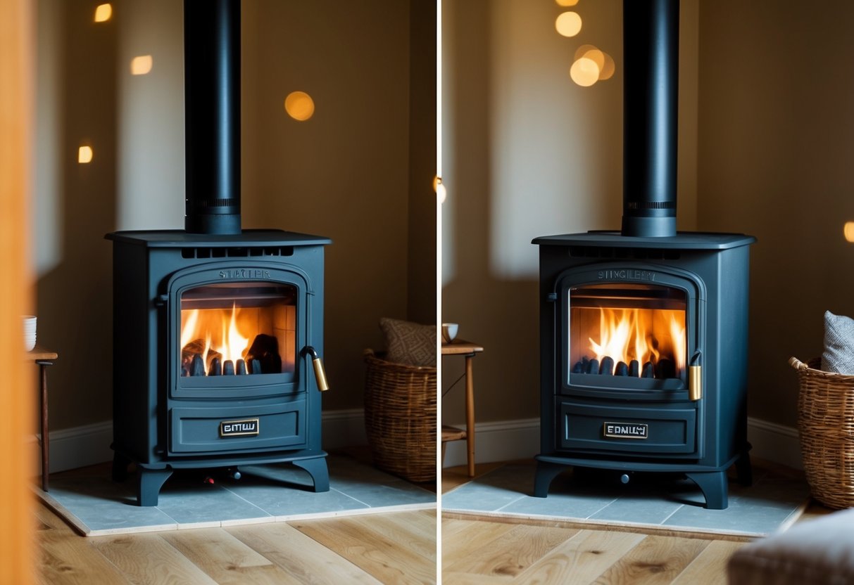 A cozy living room with two Stanley solid fuel stoves side by side, emitting warm, comforting heat