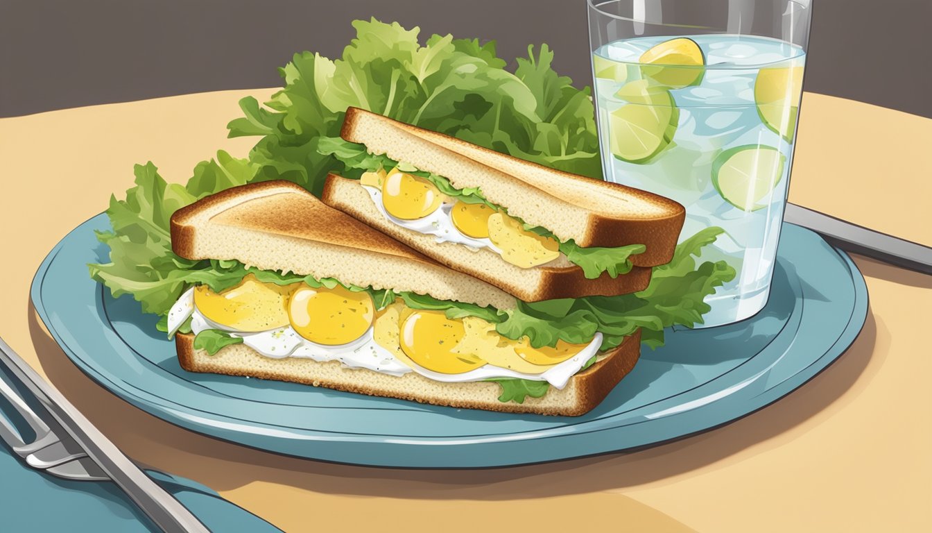 A plate with an egg salad sandwich cut in half, surrounded by a side salad and a glass of water