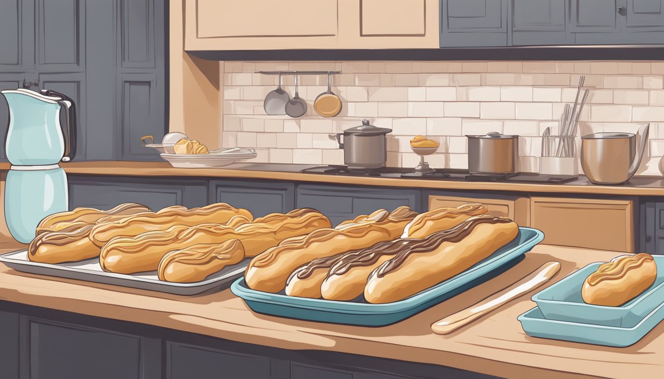 A countertop with a piping bag, mixing bowl, and tray of freshly baked éclairs. A person might be picking up an éclair to take a bite