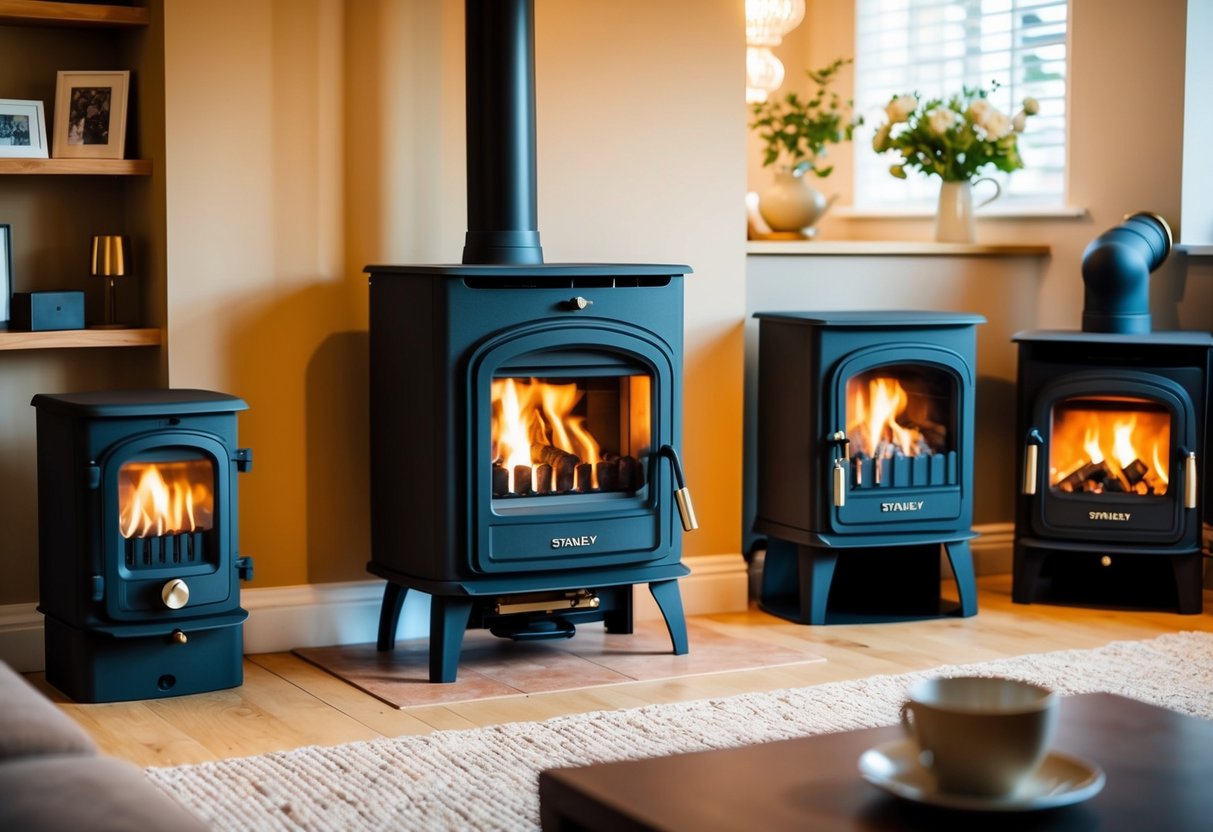 A cozy living room with a Stanley Tara Multi-Fuel Stove and a variety of other Stanley Stoves, emitting a warm and inviting glow