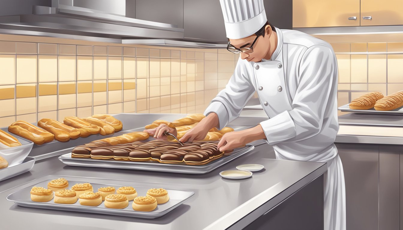 A pastry chef carefully fills and glazes eclairs on a clean, organized kitchen counter