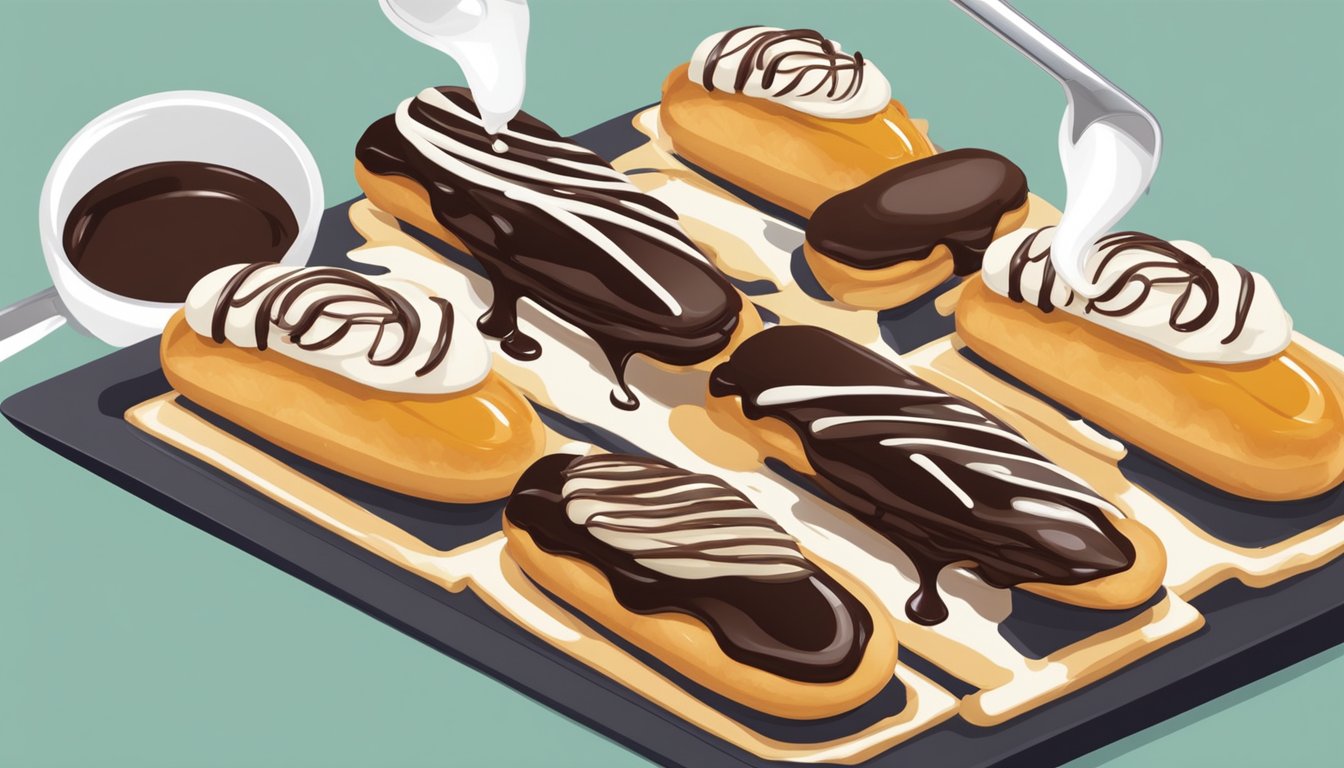 A pastry chef decorates freshly baked eclairs with chocolate glaze and cream before assembling them on a platter for serving