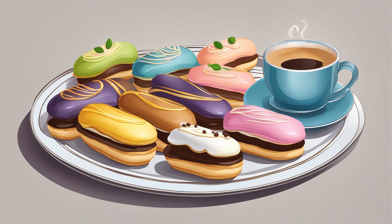 A table set with a variety of beautifully decorated eclairs, arranged on a tiered platter, with a cup of coffee or tea nearby