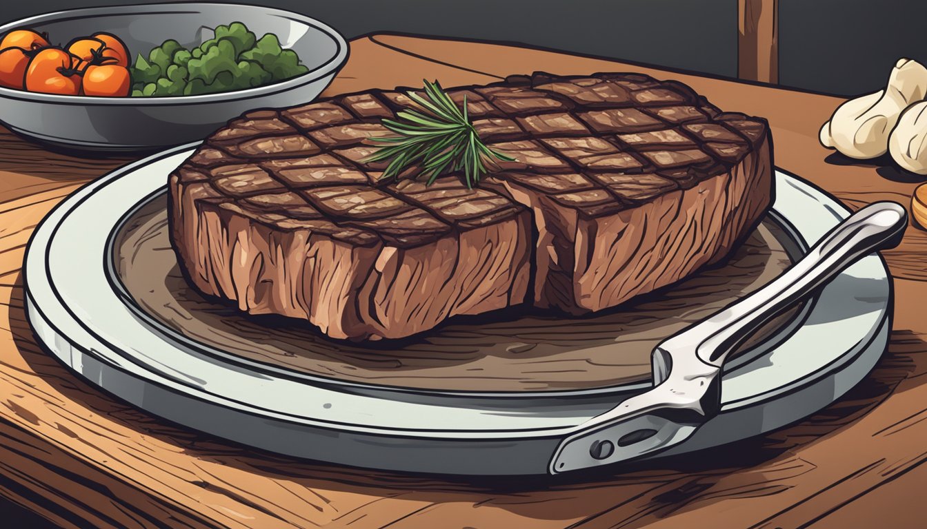 A ribeye steak sits on a cutting board, seasoned and ready for cooking. A cast iron skillet and tongs are nearby