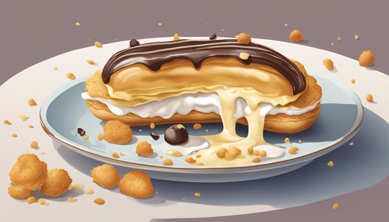 A bitten eclair with cream oozing out, surrounded by crumbs on a plate