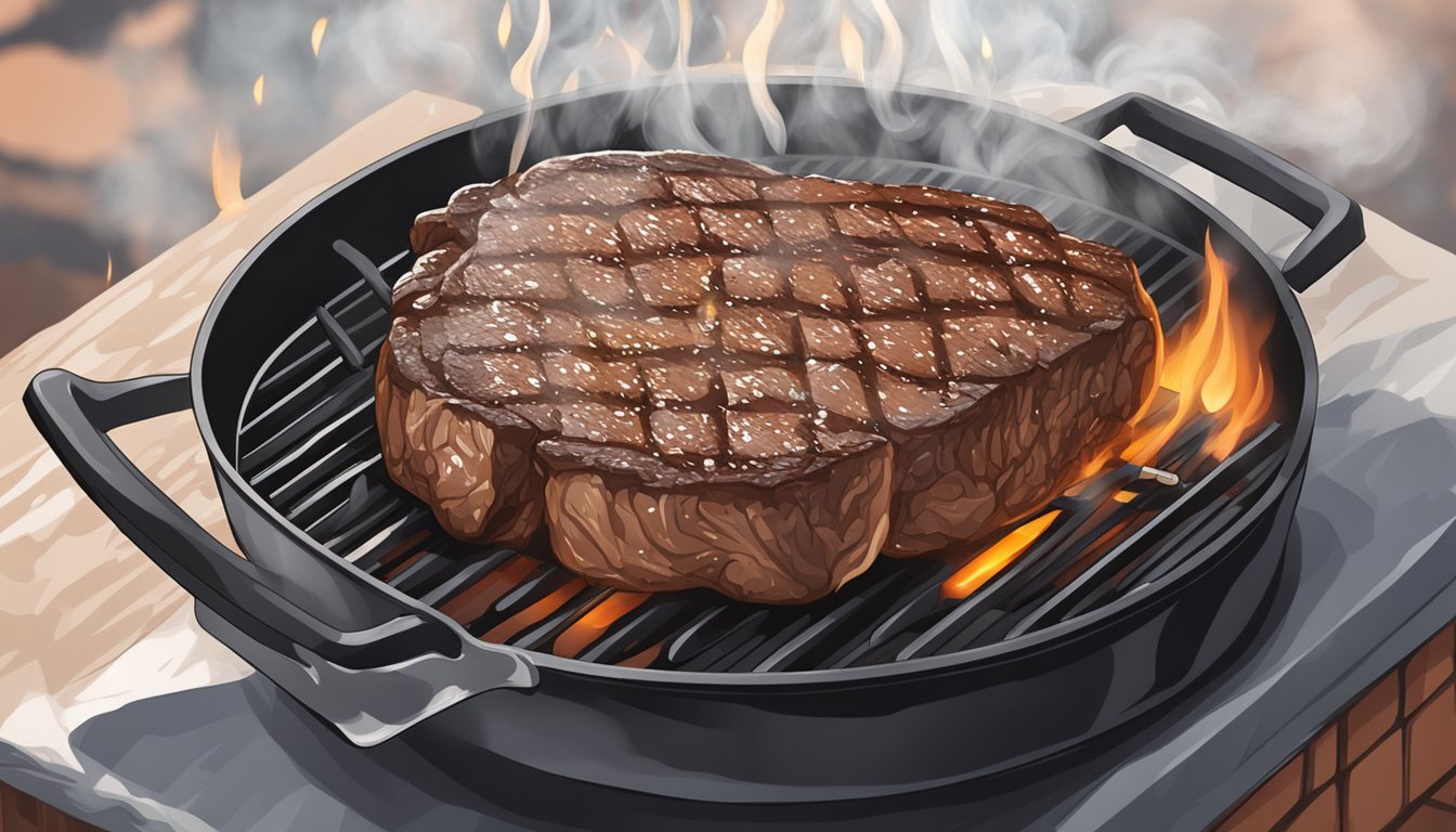 A ribeye steak sizzling on a hot grill, with grill marks forming on the surface and smoke rising into the air