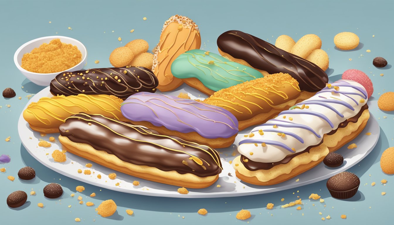 A table set with assorted éclairs, some sliced open to reveal their fillings, surrounded by scattered crumbs and a few scattered forks