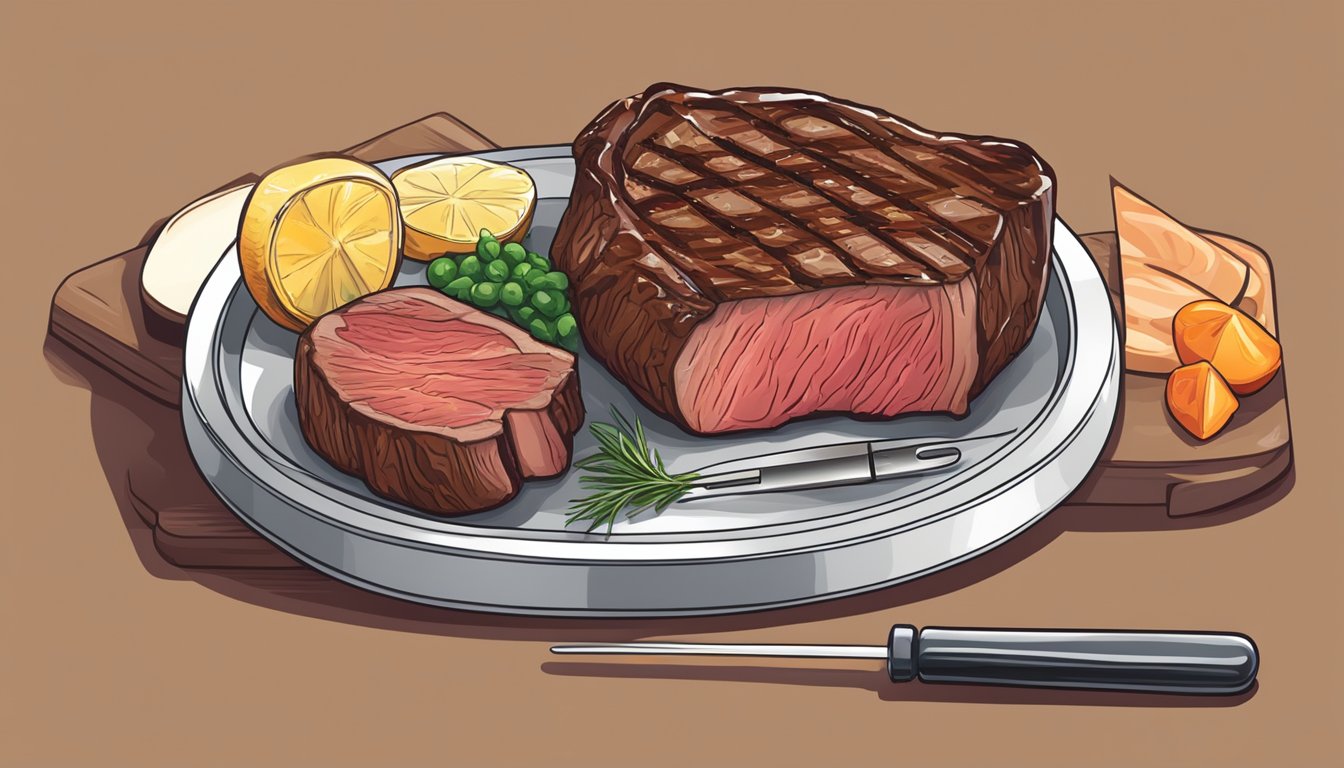 A ribeye steak being cut into and checked for doneness with a meat thermometer on a sizzling grill