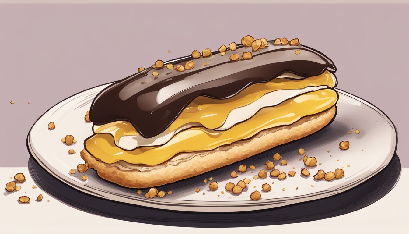 A bitten eclair on a plate, with a few crumbs scattered around it