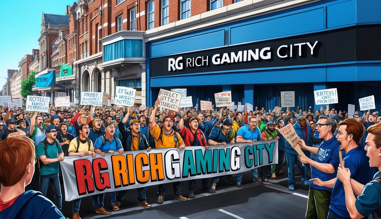 在RG Rich Gaming City外面，一場擁擠的街頭抗議，民眾揮舞著標語，憤怒地高喊