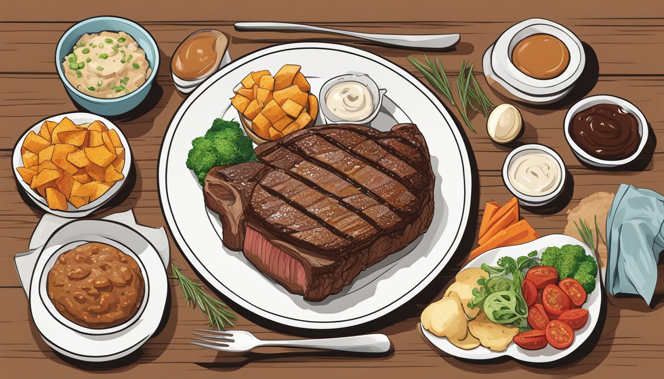 A ribeye steak sits on a plate, surrounded by a variety of complementary sides and sauces