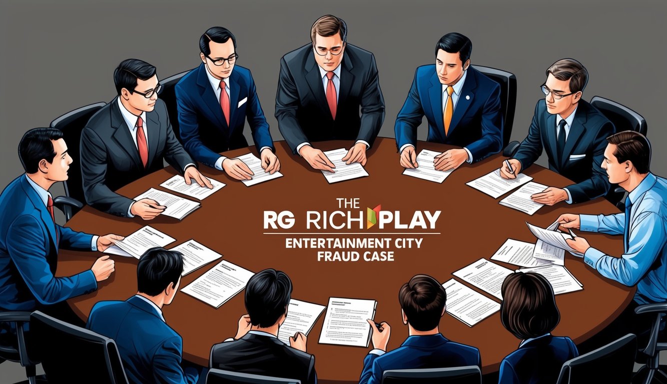 一群記者圍坐在一張大桌子旁，檢查文件並討論RG Rich Play娛樂城詐騙案件