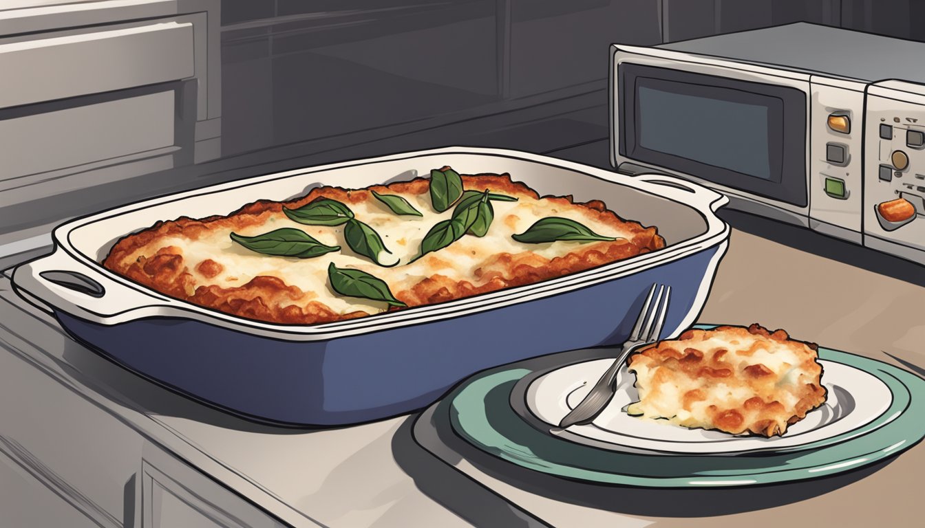 A baking dish of eggplant parmesan sits on a kitchen counter next to a microwave. A fork rests on a plate nearby