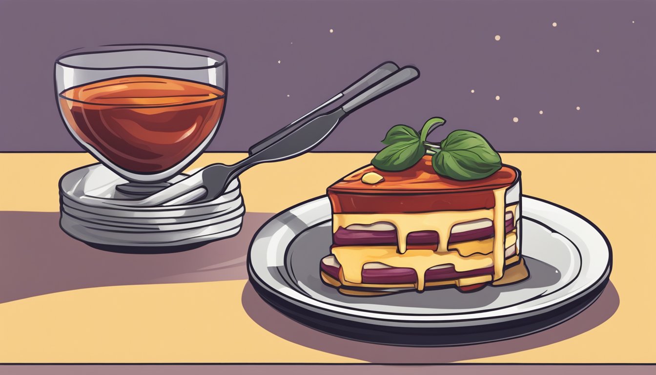 A fork slicing into layers of eggplant, marinara sauce, and melted cheese on a plate