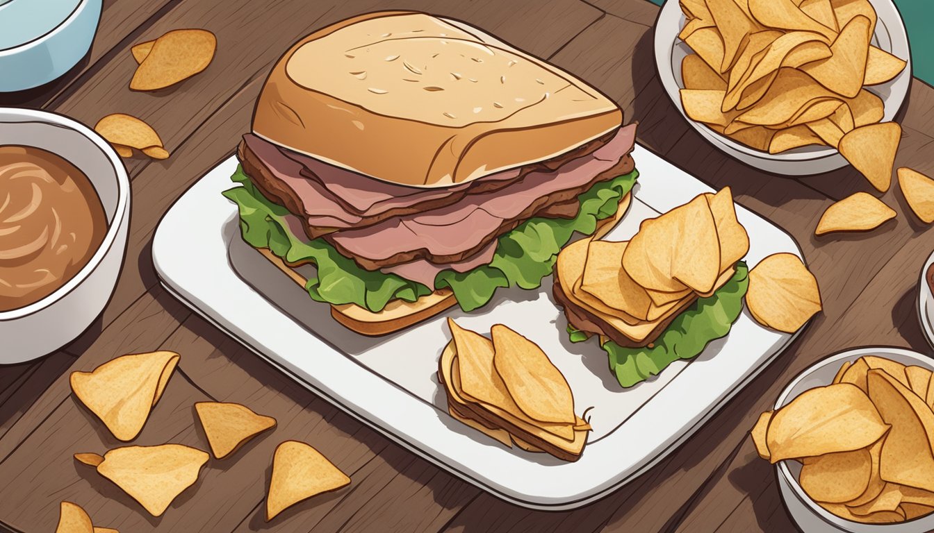 A roast beef sandwich sits on a wooden cutting board, surrounded by a pile of crispy potato chips. The sandwich is layered with thinly sliced roast beef, lettuce, tomato, and mayonnaise, between two slices of toasted sourdough bread