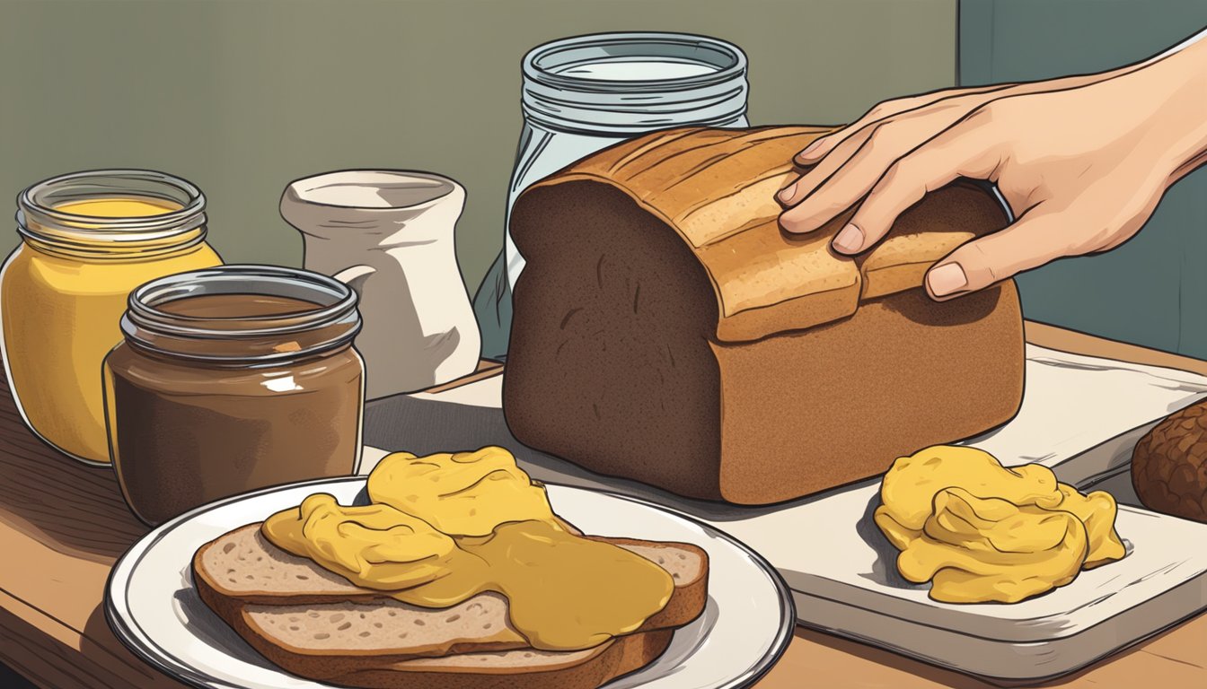 A hand reaching for a loaf of bread, a slice of roast beef, and a jar of mustard on a kitchen counter