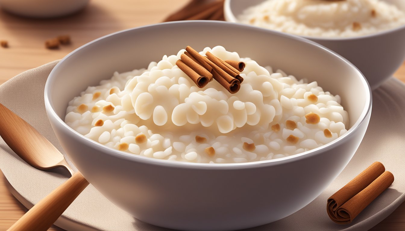 A spoon scoops into a creamy bowl of rice pudding, with a sprinkle of cinnamon on top