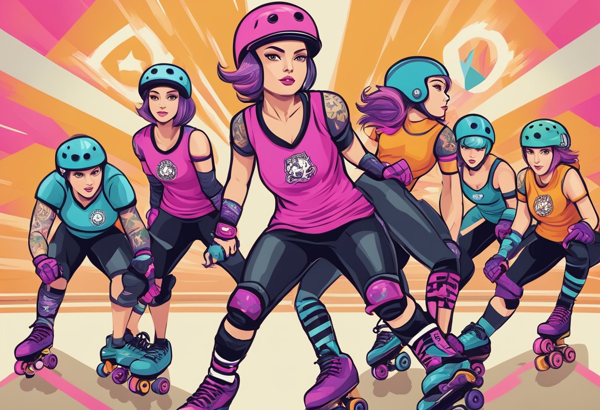 A group of roller derby skaters in fierce poses, wearing bold and edgy uniforms, with team logos prominently displayed