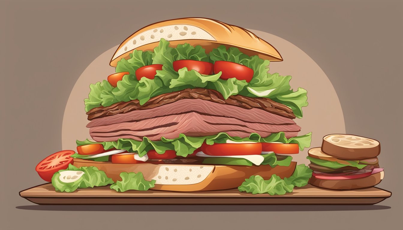 A roast beef sandwich is being assembled with layers of meat, lettuce, and tomato on a sliced bun