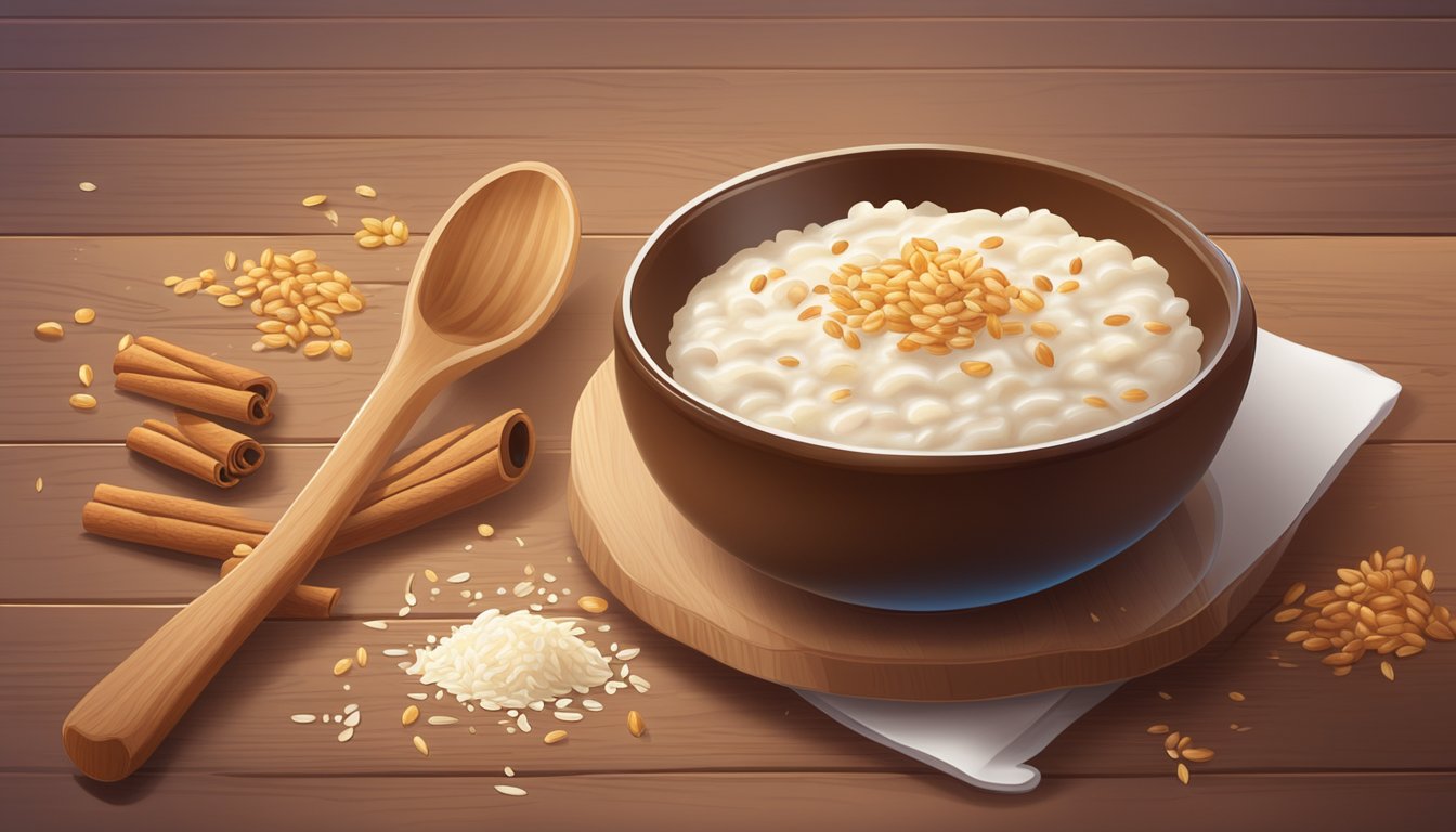 A bowl of creamy rice pudding sits on a wooden table, surrounded by scattered grains of rice and a sprinkle of cinnamon on top