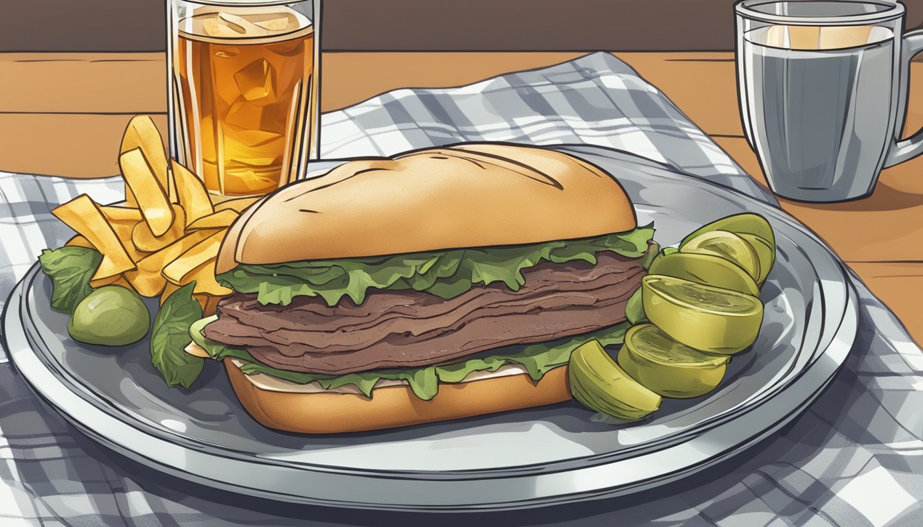 A roast beef sandwich sits on a plate with a side of pickles and chips. A napkin and a glass of iced tea complete the scene