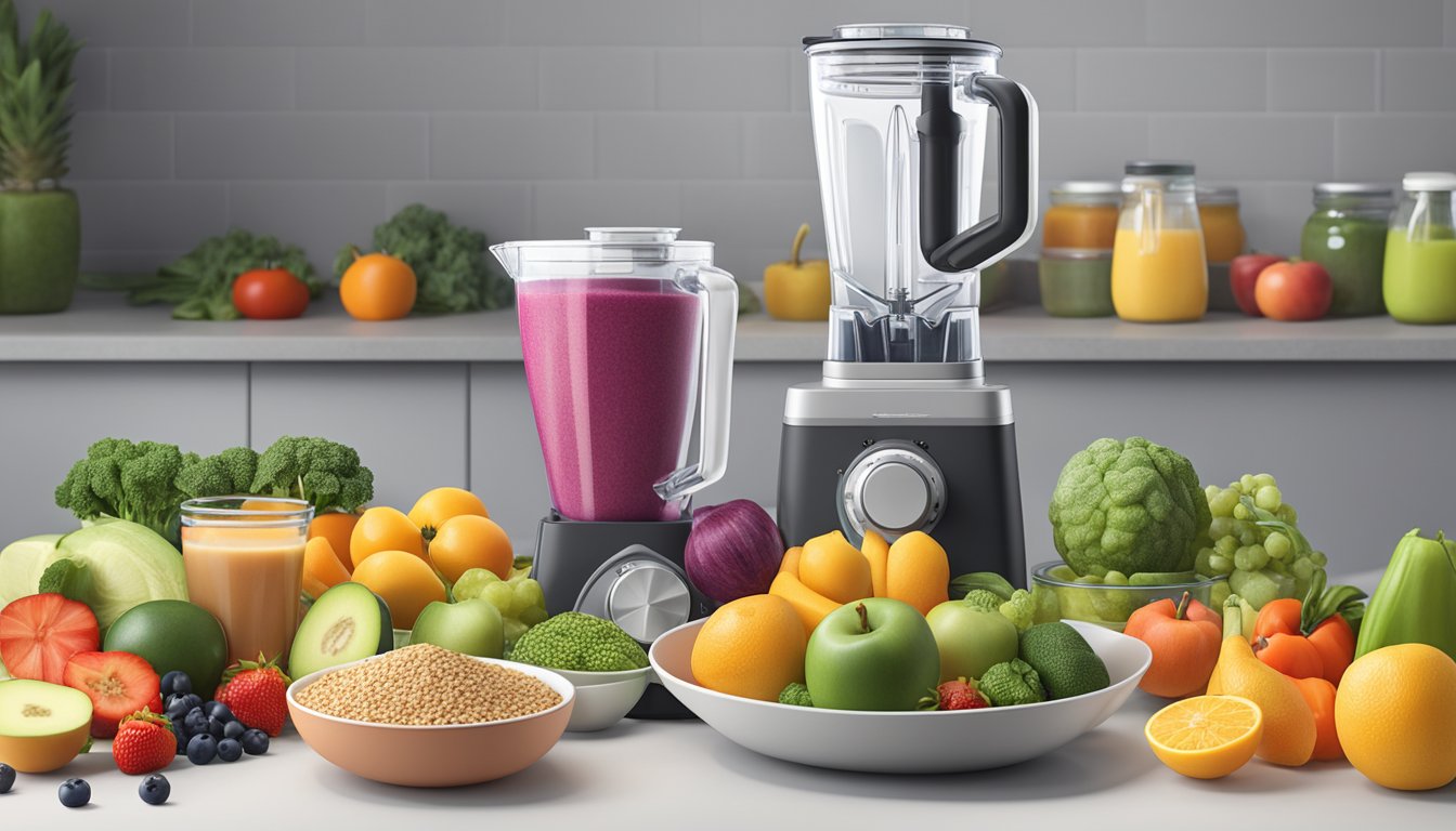 A blender surrounded by fresh fruits, vegetables, and grains, with containers of prepped meals lined up in the background