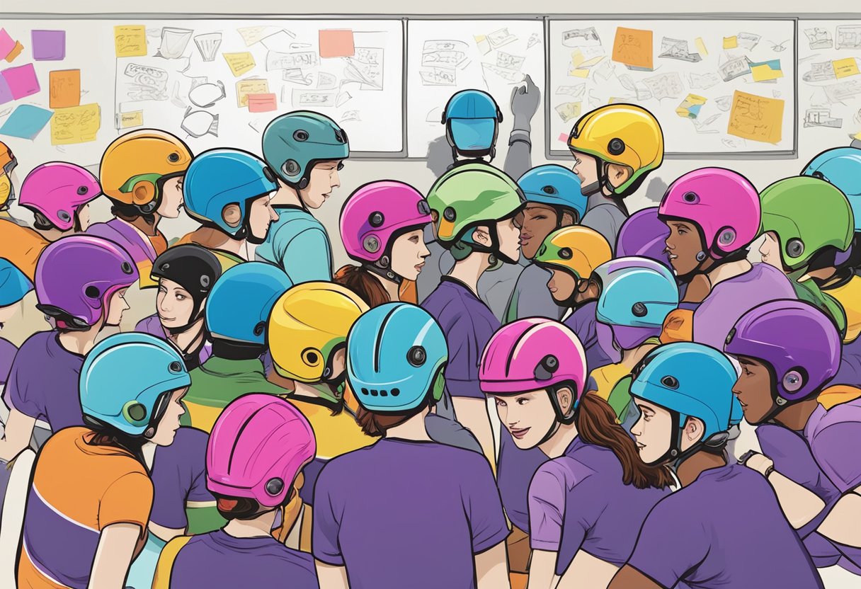 A group of roller derby players brainstorming team names, surrounded by colorful helmets and skates, with a whiteboard filled with name ideas in the background