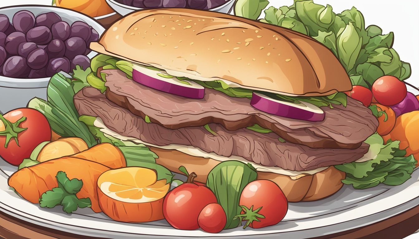 A roast beef sandwich sits on a plate, surrounded by a colorful array of fresh vegetables and a side of fruit