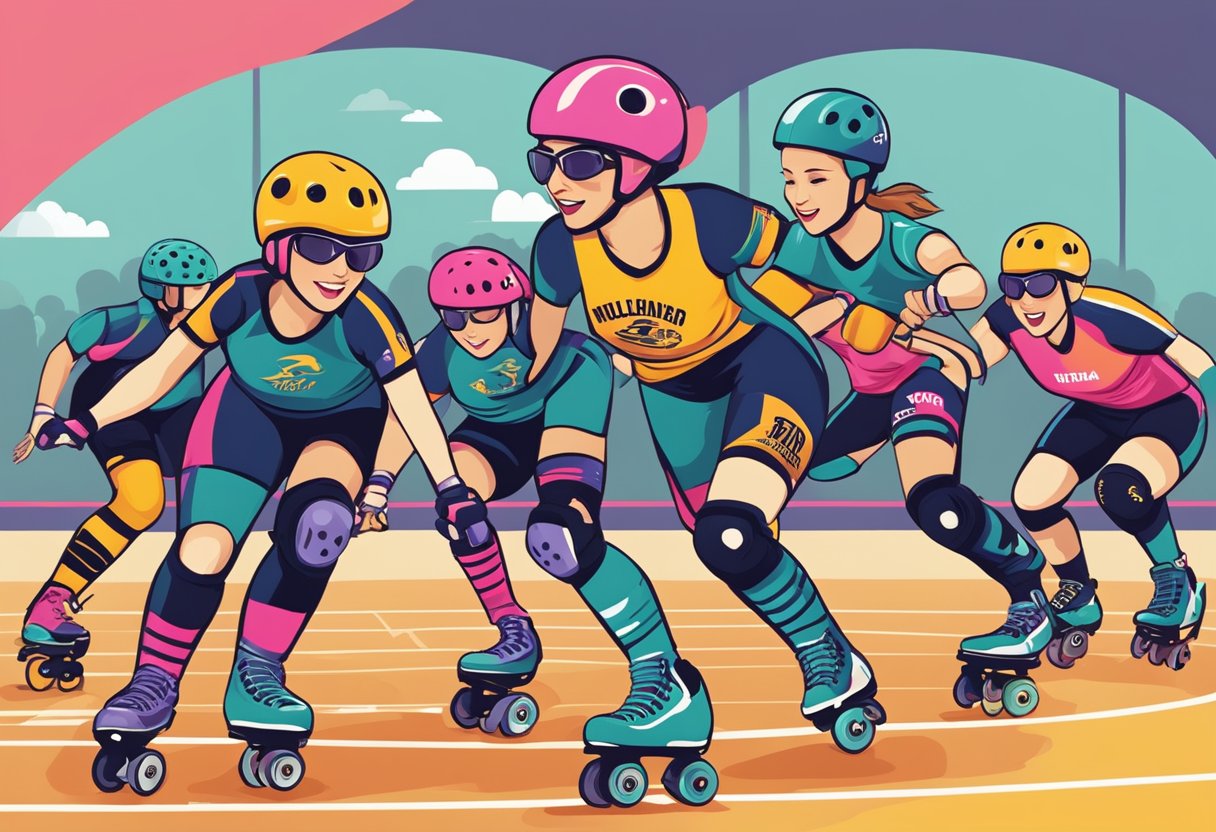 A group of roller derby team members in colorful uniforms, skating around a track with playful and humorous team names displayed on their jerseys