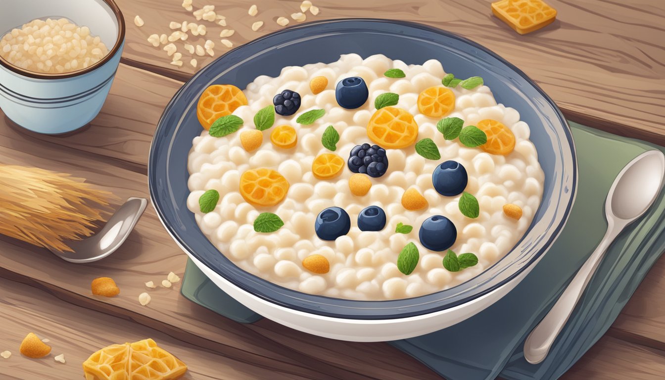 A bowl of rice pudding with various toppings arranged around it on a wooden table