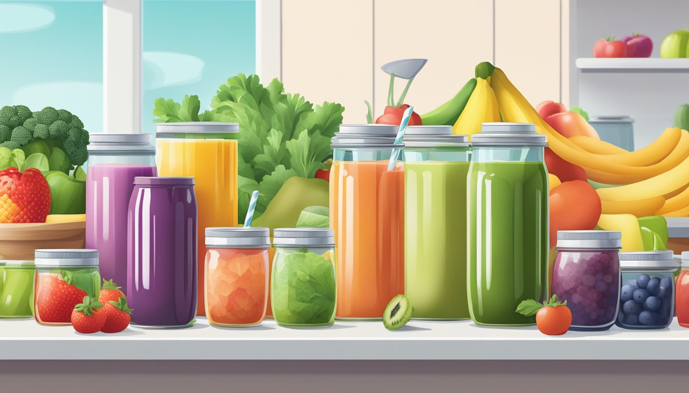 A colorful array of fresh fruits and vegetables being blended into smoothies, with containers of prepped meals lined up nearby