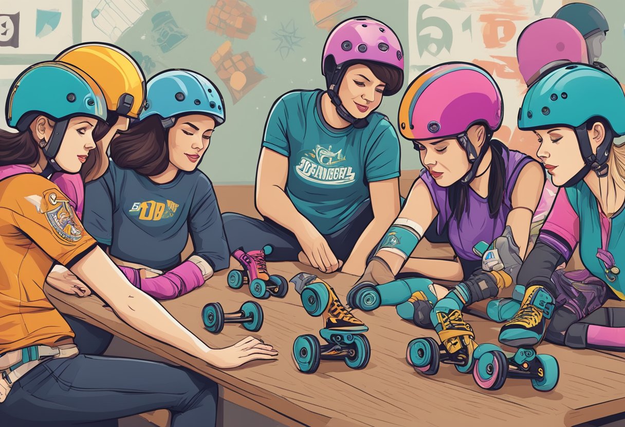 A group of skaters brainstorming unique roller derby team names, surrounded by skateboards and roller derby gear