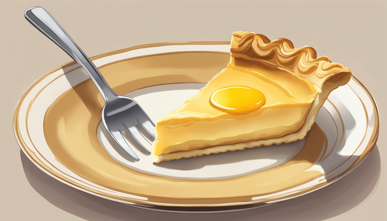 A golden-brown egg tart sits on a delicate plate, steam rising from its flaky crust. A fork hovers nearby, ready to delve into the creamy, custard filling