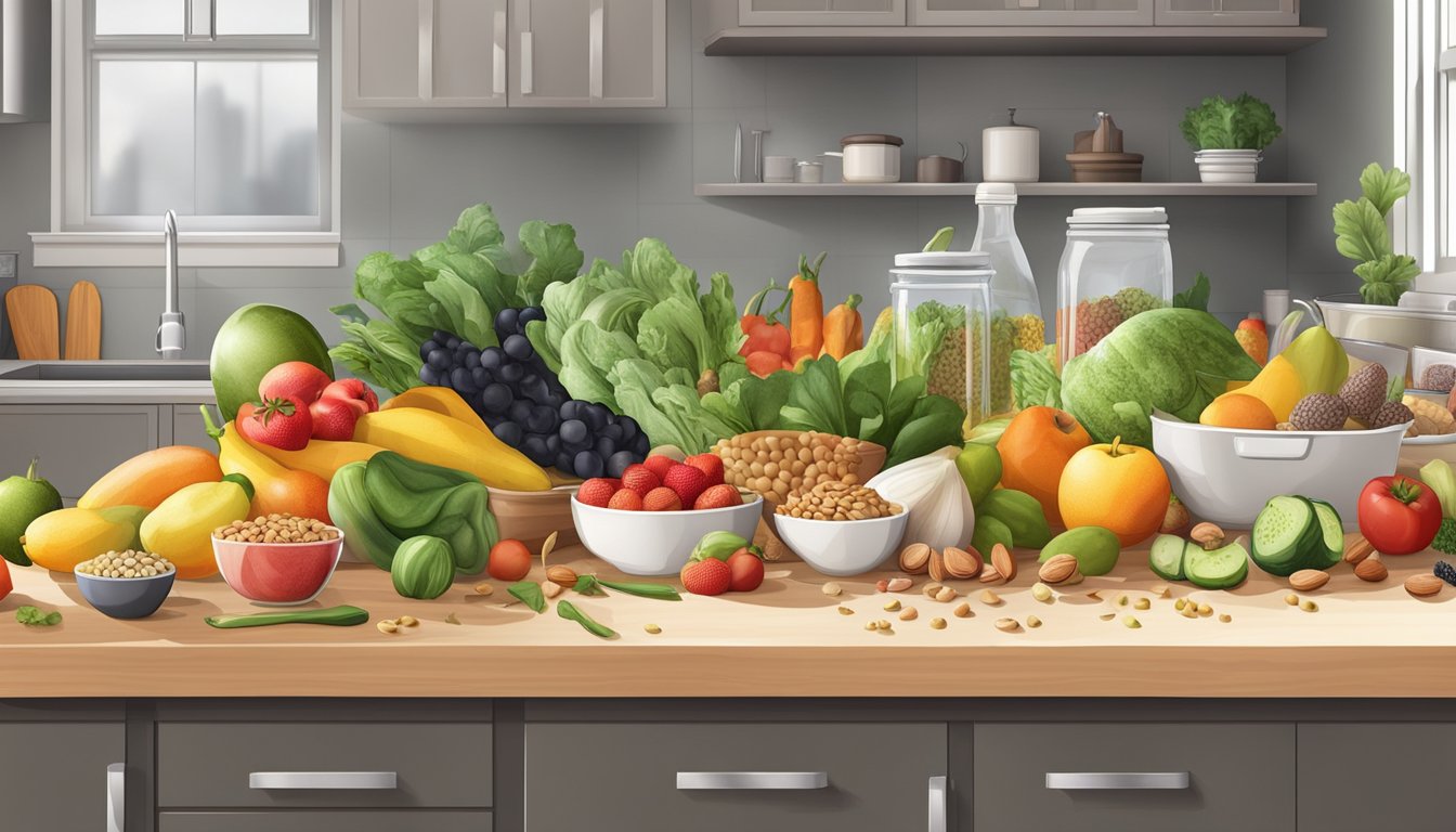 A kitchen counter with an array of fresh fruits, vegetables, nuts, and seeds. Cutting boards, knives, and storage containers are scattered around, ready for meal prepping