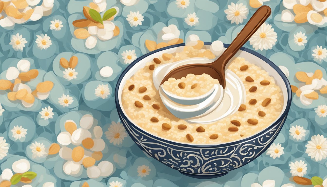 A spoon scoops creamy rice pudding from a patterned bowl. A sprinkle of cinnamon dusts the top