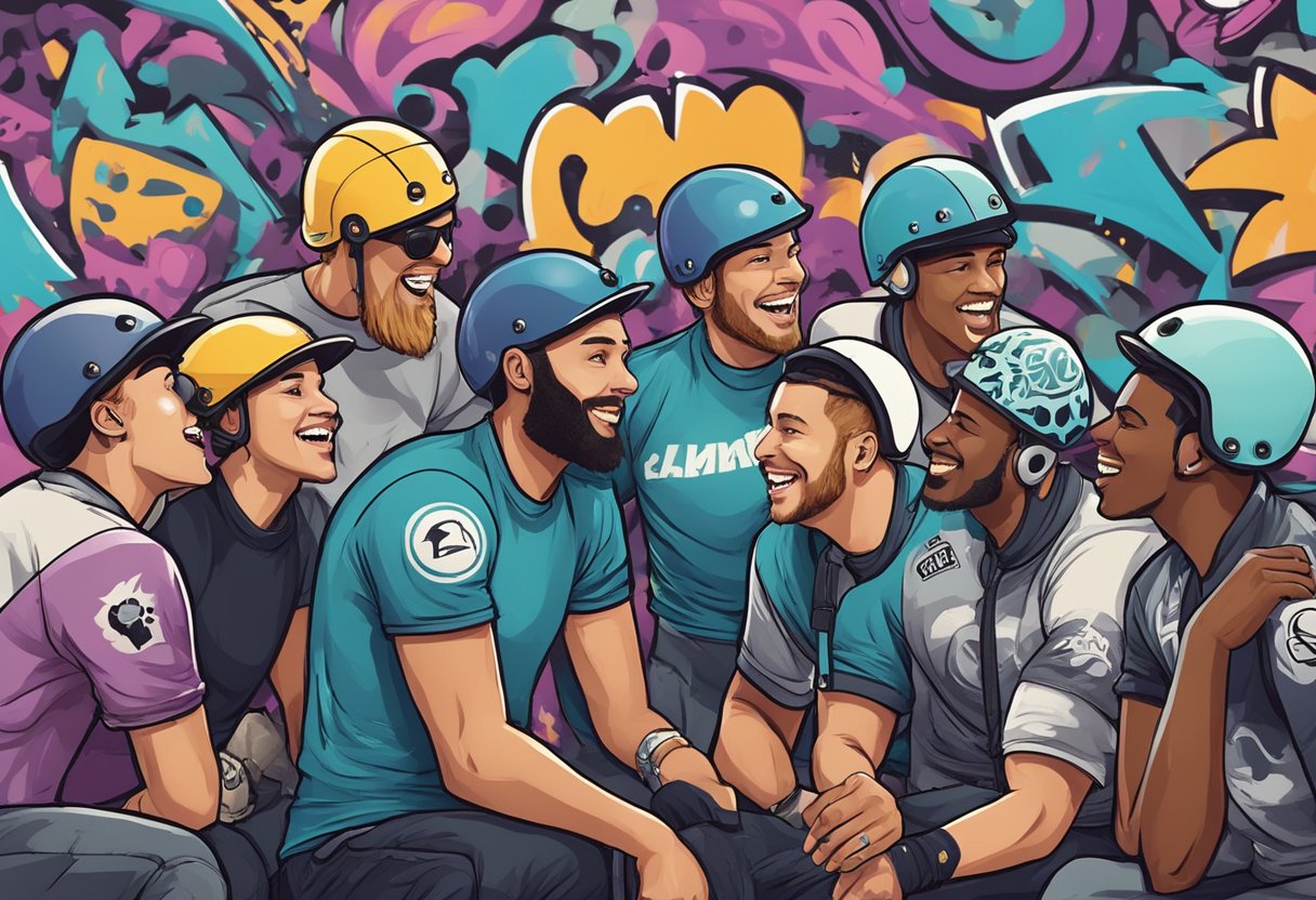 A group of men in roller derby gear gather around a graffiti-covered wall, brainstorming and laughing as they come up with edgy and creative team names